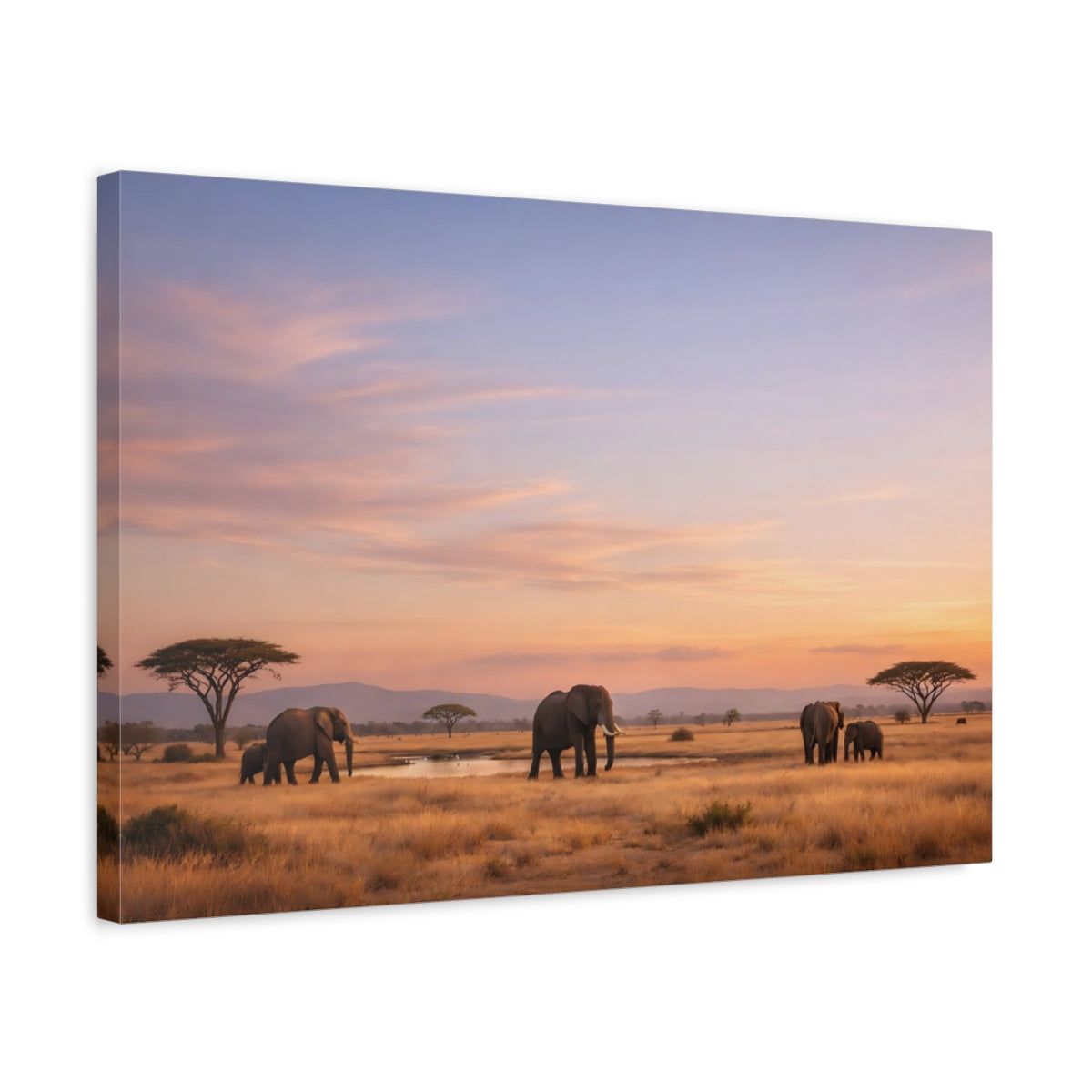 Side Mockup 3. Animals Elephants Elephants Sunset shown as stretched canvas wall art