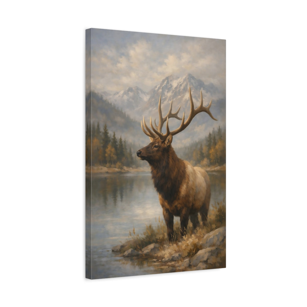 Side Mockup 3. Animals Elk Brown And Blue shown as stretched canvas wall art