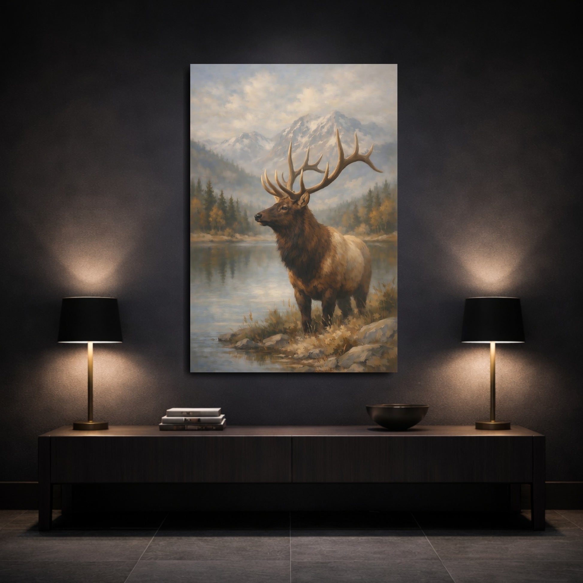Mockup 2. Animals Elk Brown And Blue shown as stretched canvas wall art