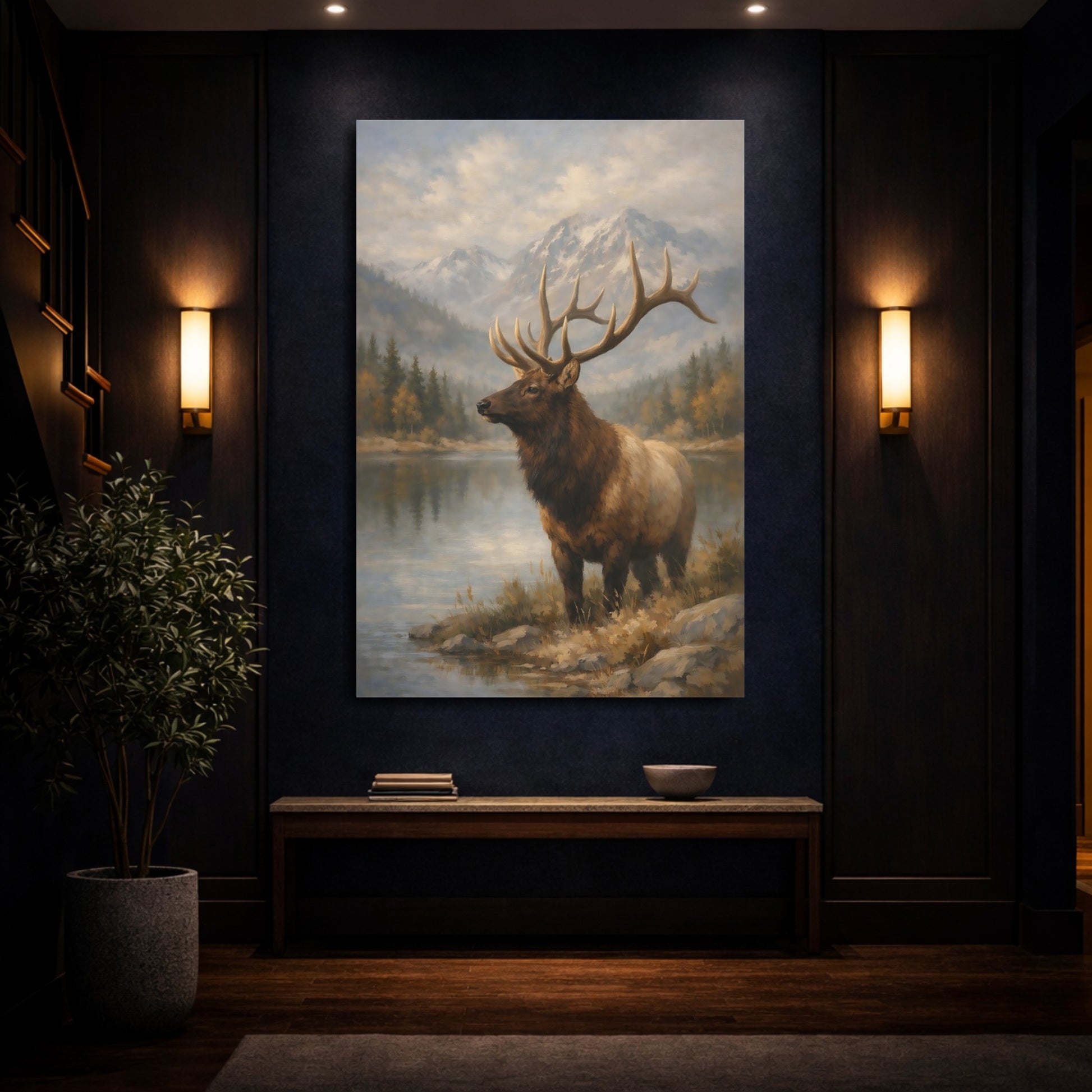 Mockup 3. Animals Elk Brown And Blue shown as stretched canvas wall art