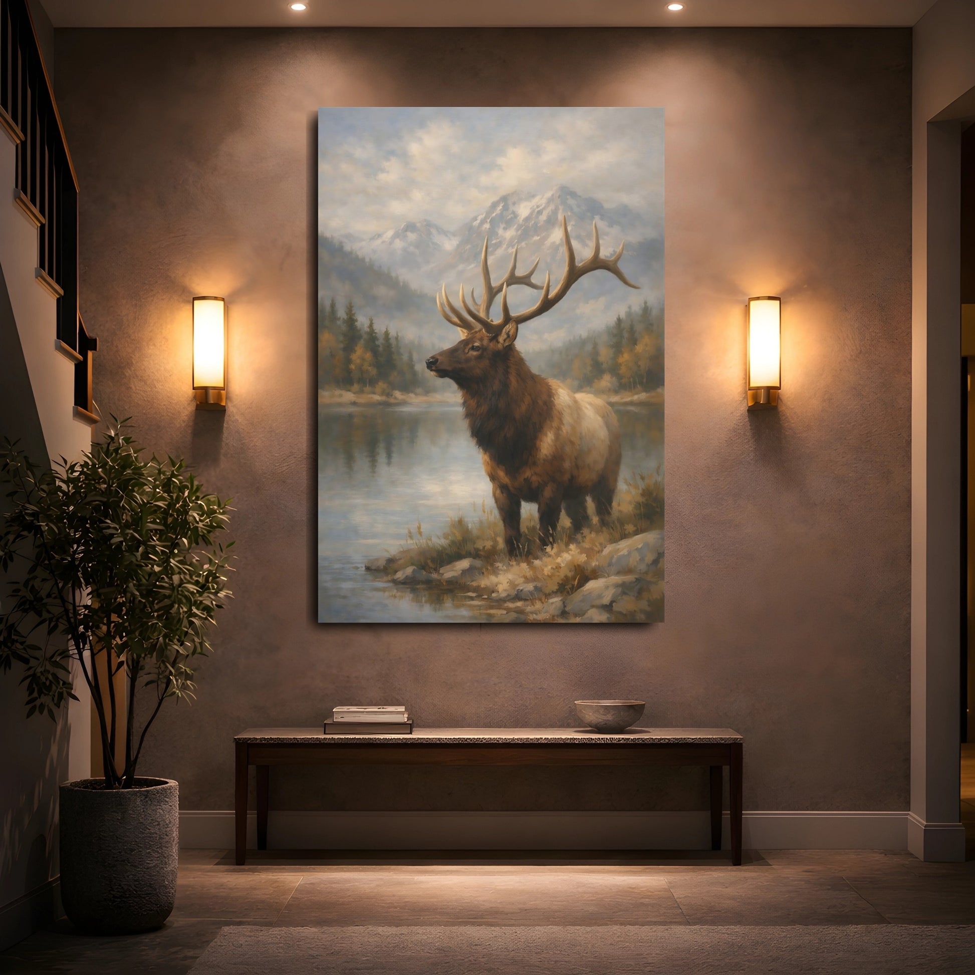 Mockup 4. Animals Elk Brown And Blue shown as stretched canvas wall art