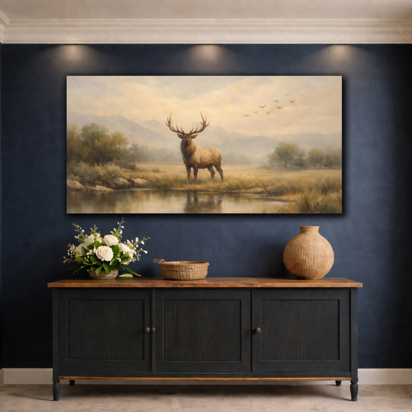 Mockup 4. Animals Elk Brown And Gold shown as stretched canvas wall art
