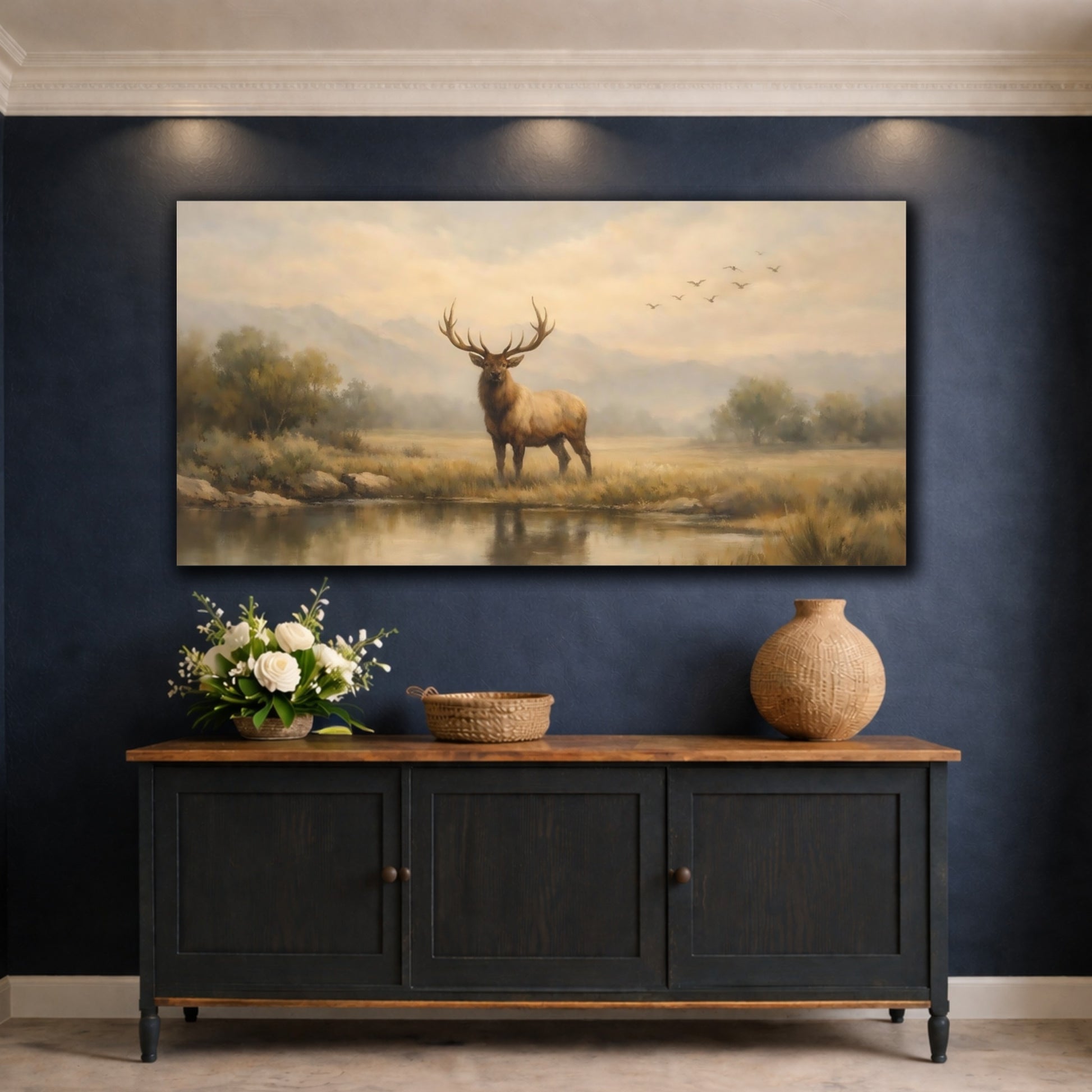 Mockup 4. Animals Elk Brown And Gold shown as stretched canvas wall art