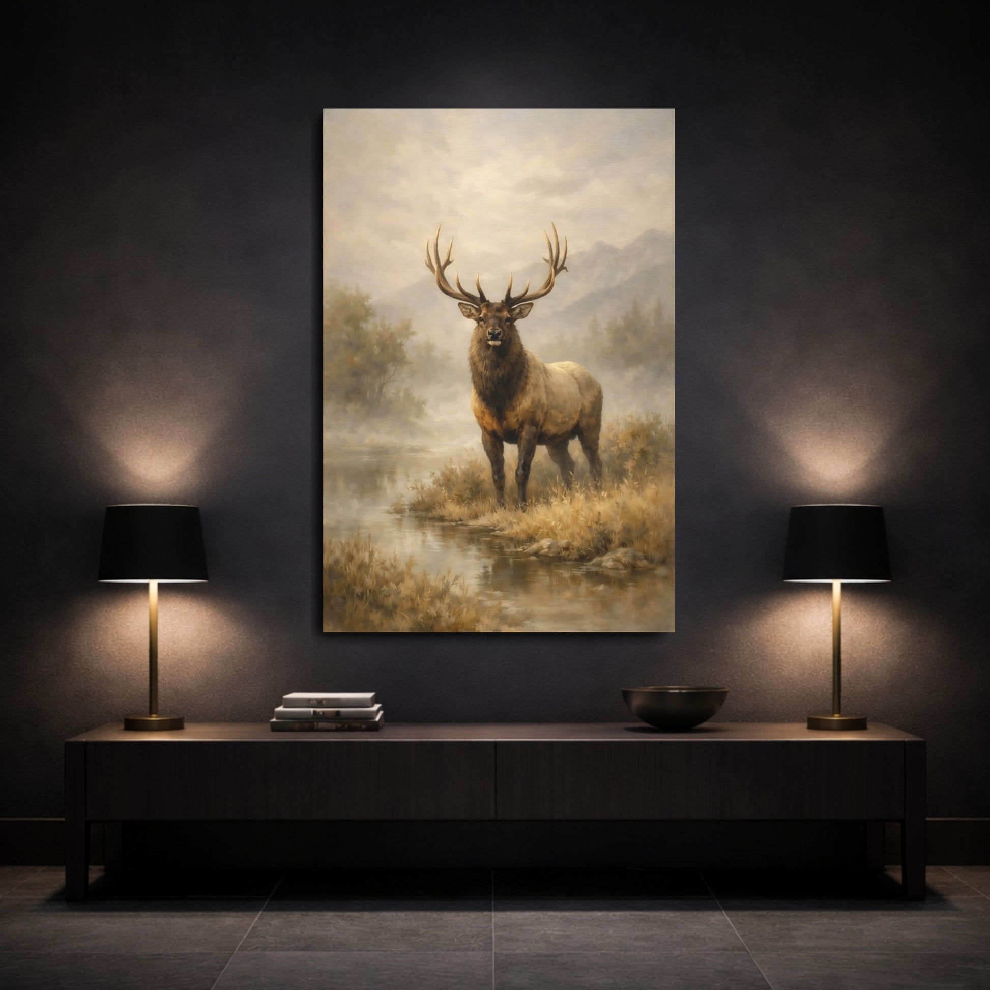 Mockup 2. Animals Elk Elk In Mist shown as stretched canvas wall art