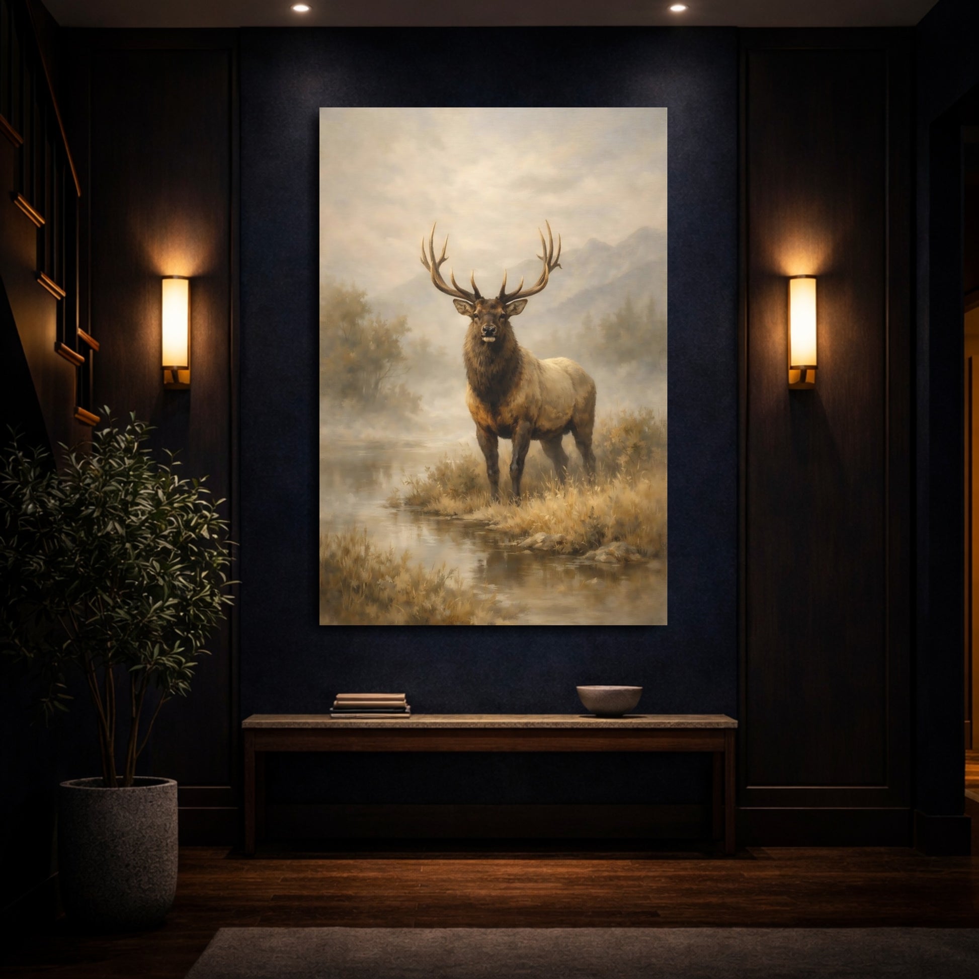Mockup 3. Animals Elk Elk In Mist shown as stretched canvas wall art