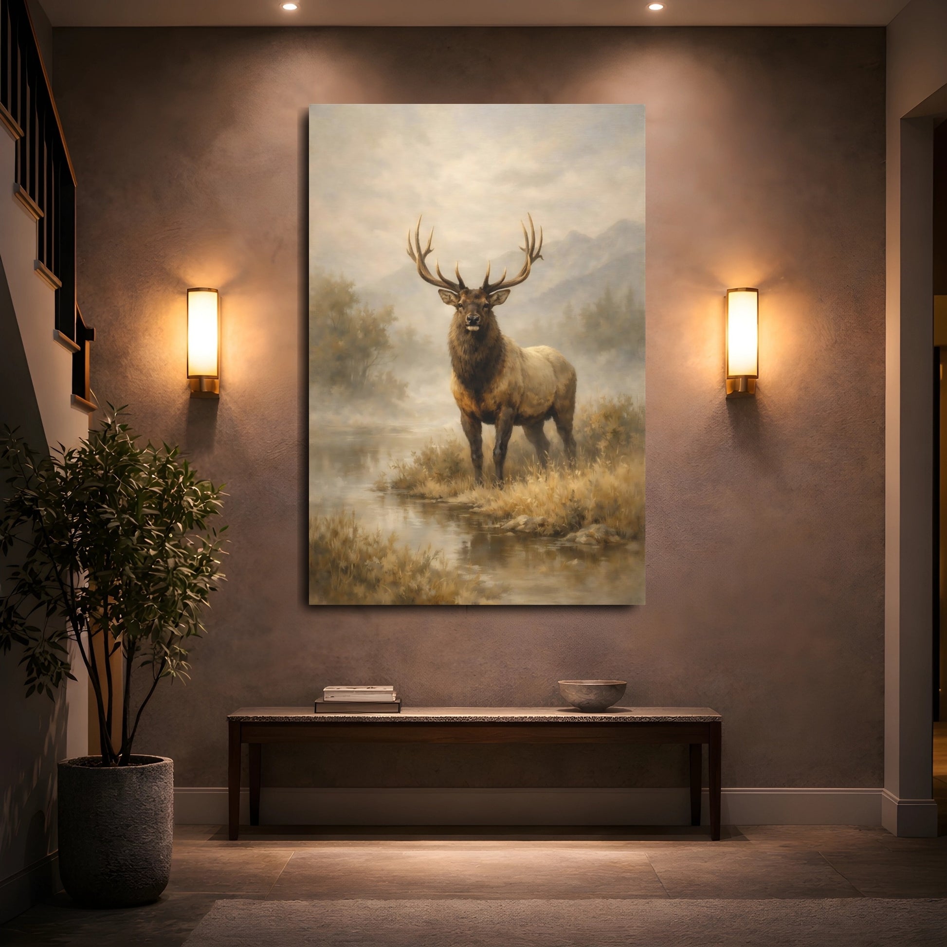 Mockup 4. Animals Elk Elk In Mist shown as stretched canvas wall art