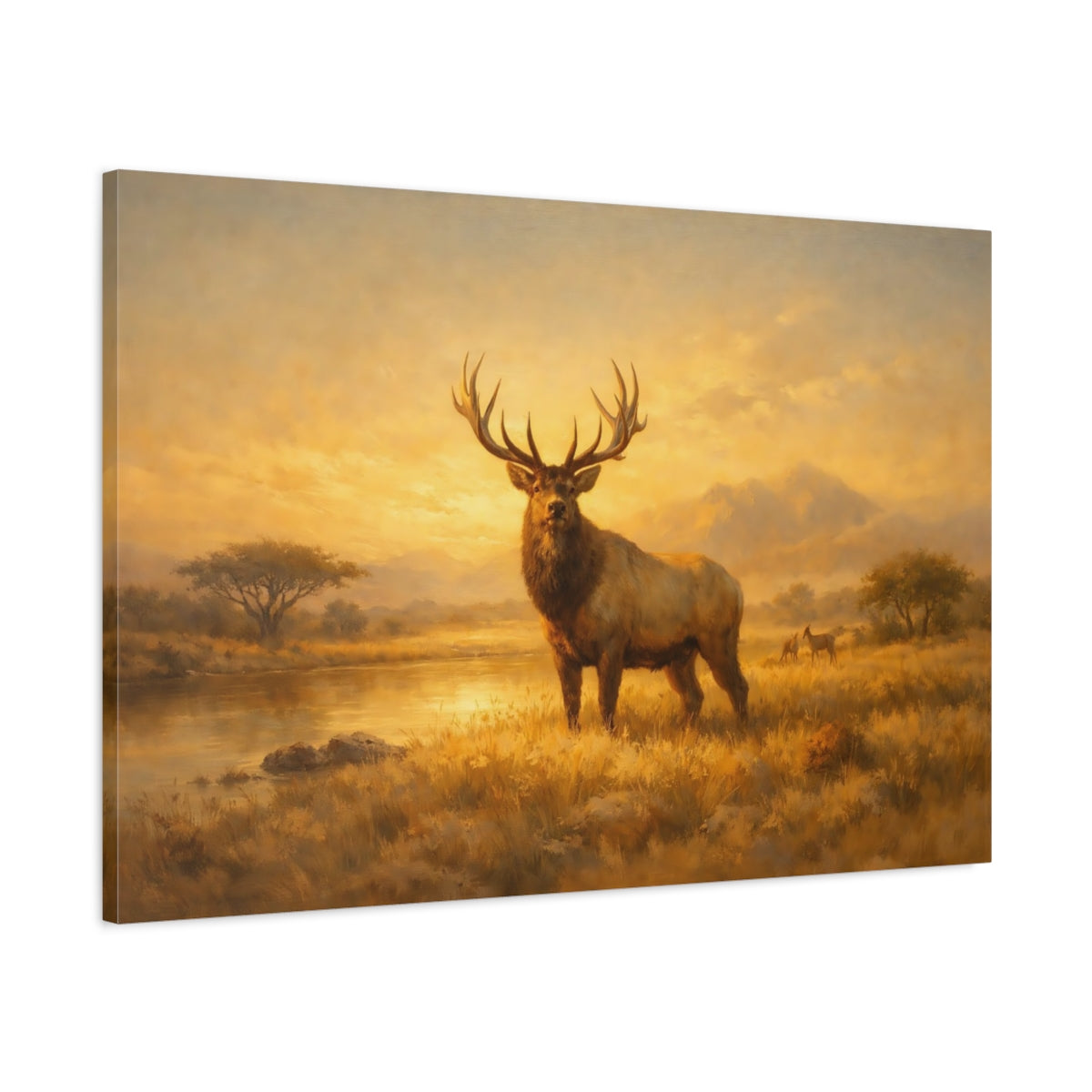 Side Mockup 1. Animals Elk Golden Elk Landscape shown as stretched canvas wall art