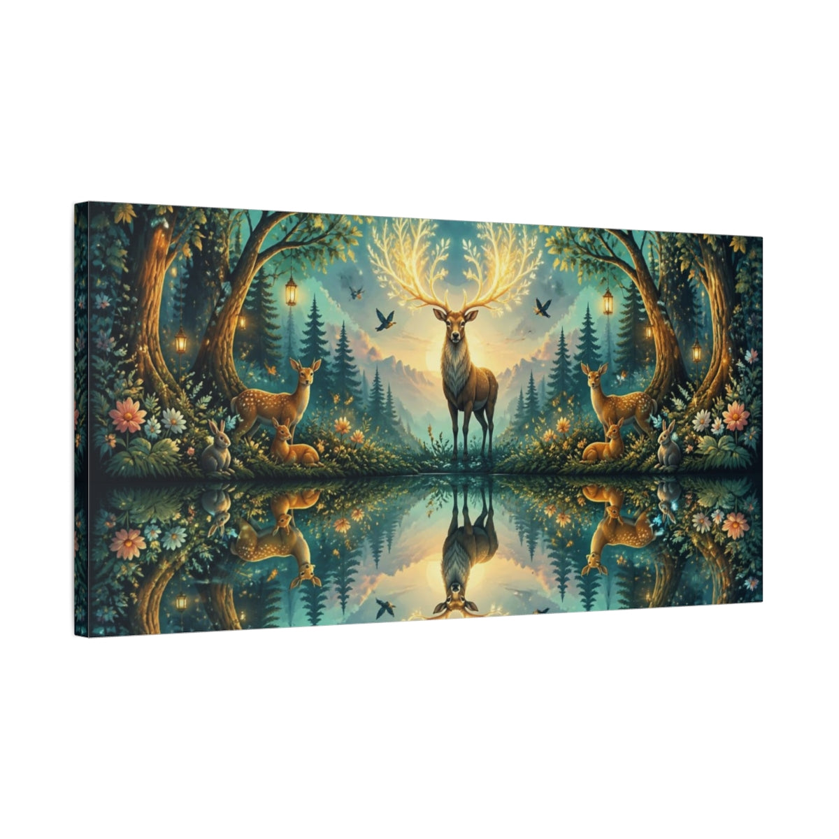 Side Mockup 1. Animals Enchanted Stag With Glowing Antlers shown as canvas print
