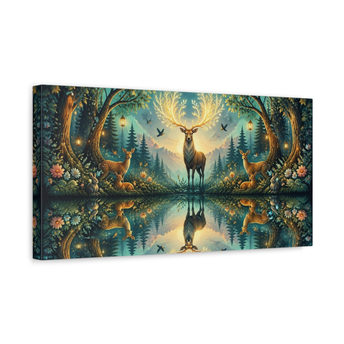 Side Mockup 3. Animals Enchanted Stag With Glowing Antlers shown as canvas print
