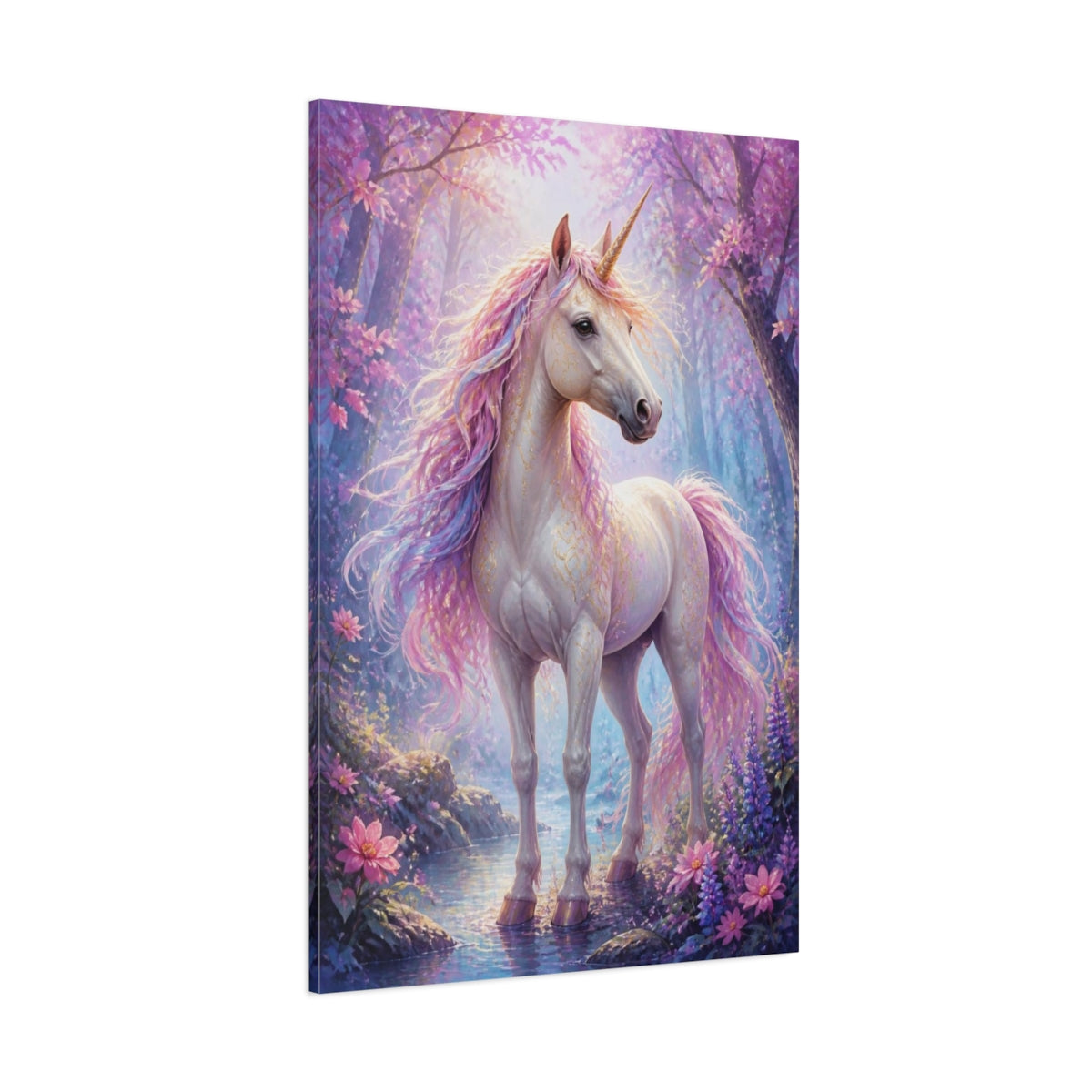 Side Mockup 1. Animals Enchanted Unicorn In Mist shown as canvas print