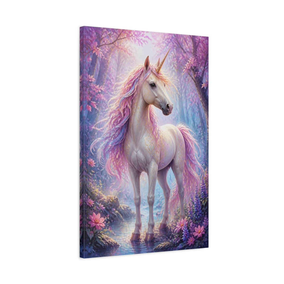 Side Mockup 2. Animals Enchanted Unicorn In Mist shown as canvas print