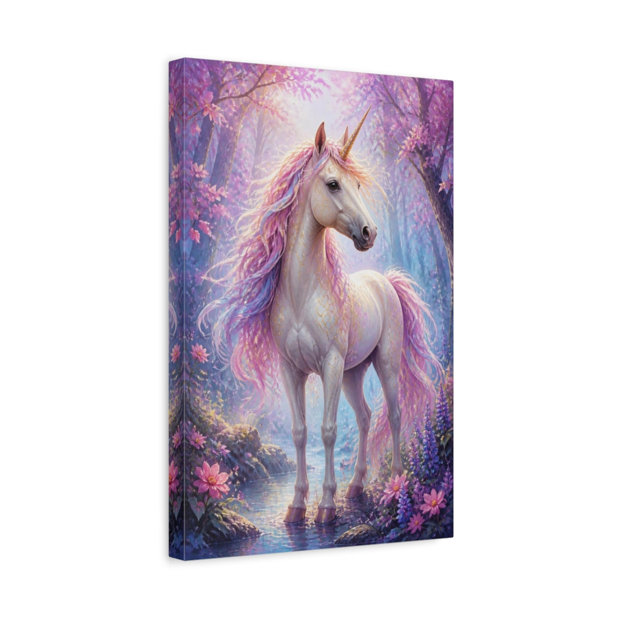Side Mockup 4. Animals Enchanted Unicorn In Mist shown as canvas print