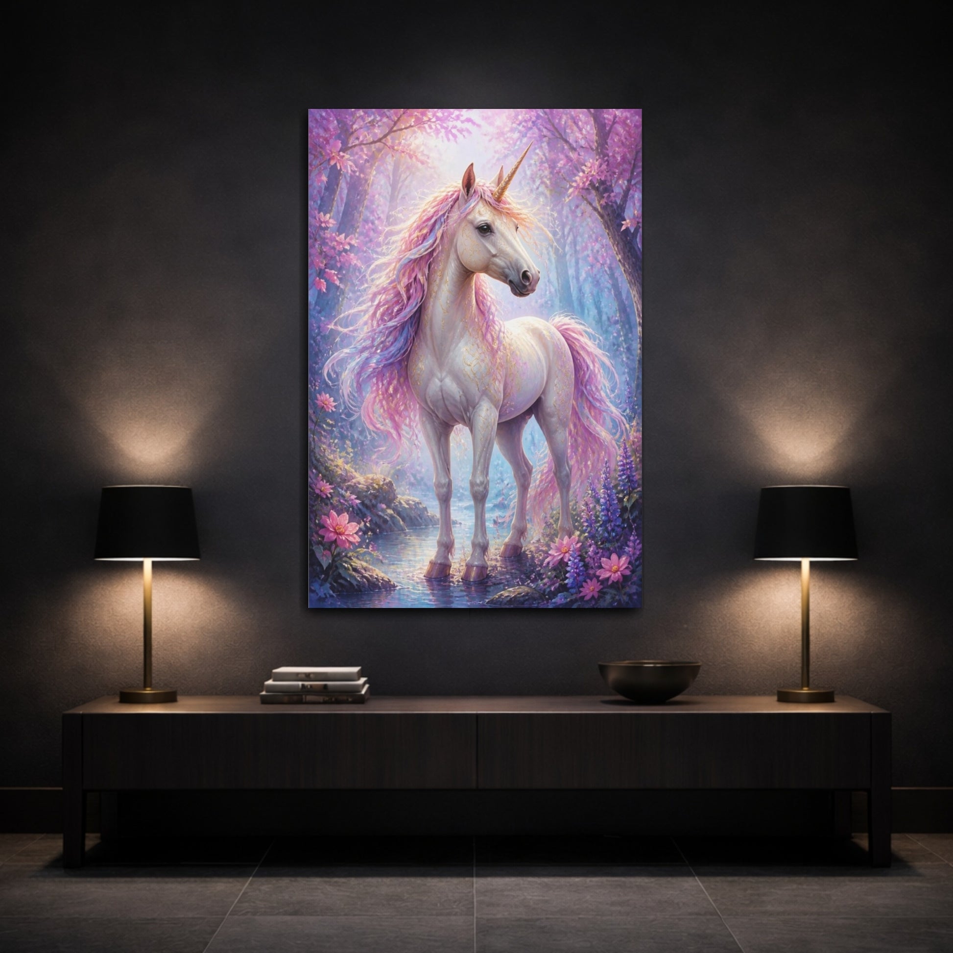 Mockup 3. Animals Enchanted Unicorn In Mist shown as canvas print