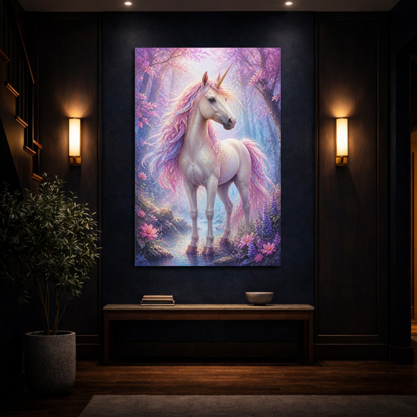 Mockup 4. Animals Enchanted Unicorn In Mist shown as canvas print