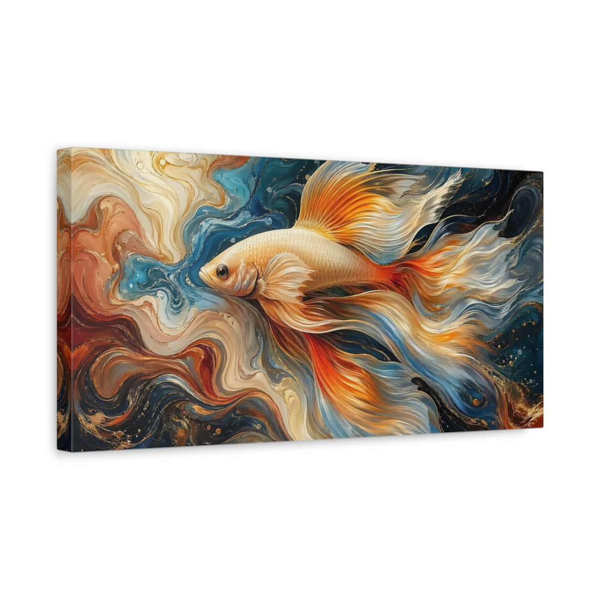 Side Mockup 3. Animals Fish Blue Gold Fish shown as stretched canvas wall art