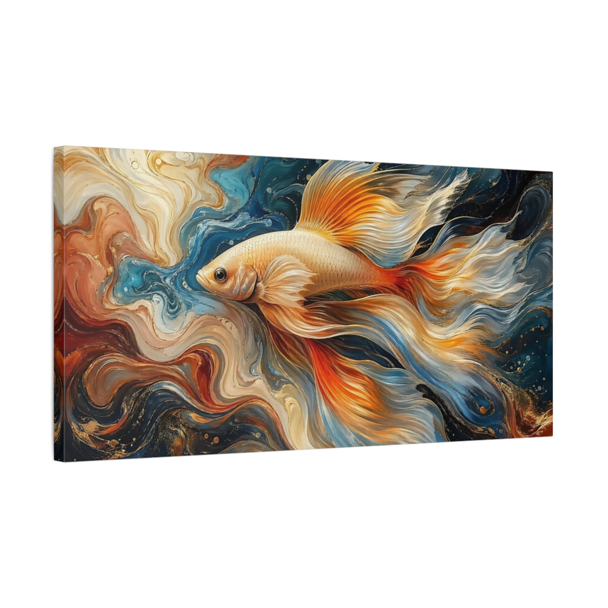 Side Mockup 1. Animals Fish Blue Gold Fish shown as stretched canvas wall art