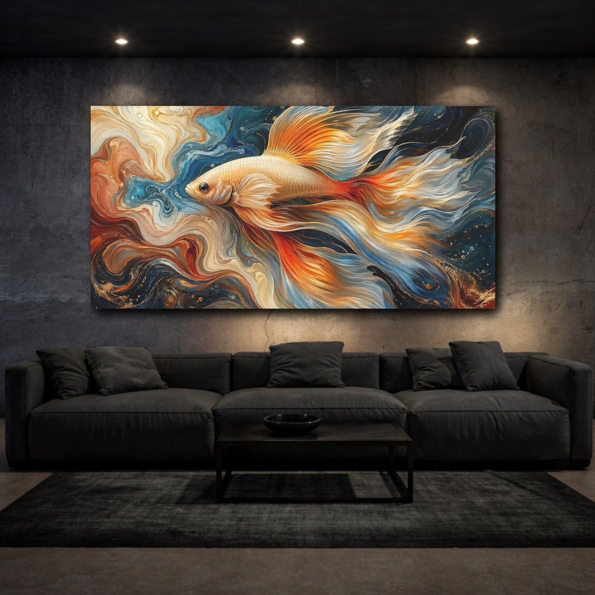 Mockup 2. Animals Fish Blue Gold Fish shown as stretched canvas wall art