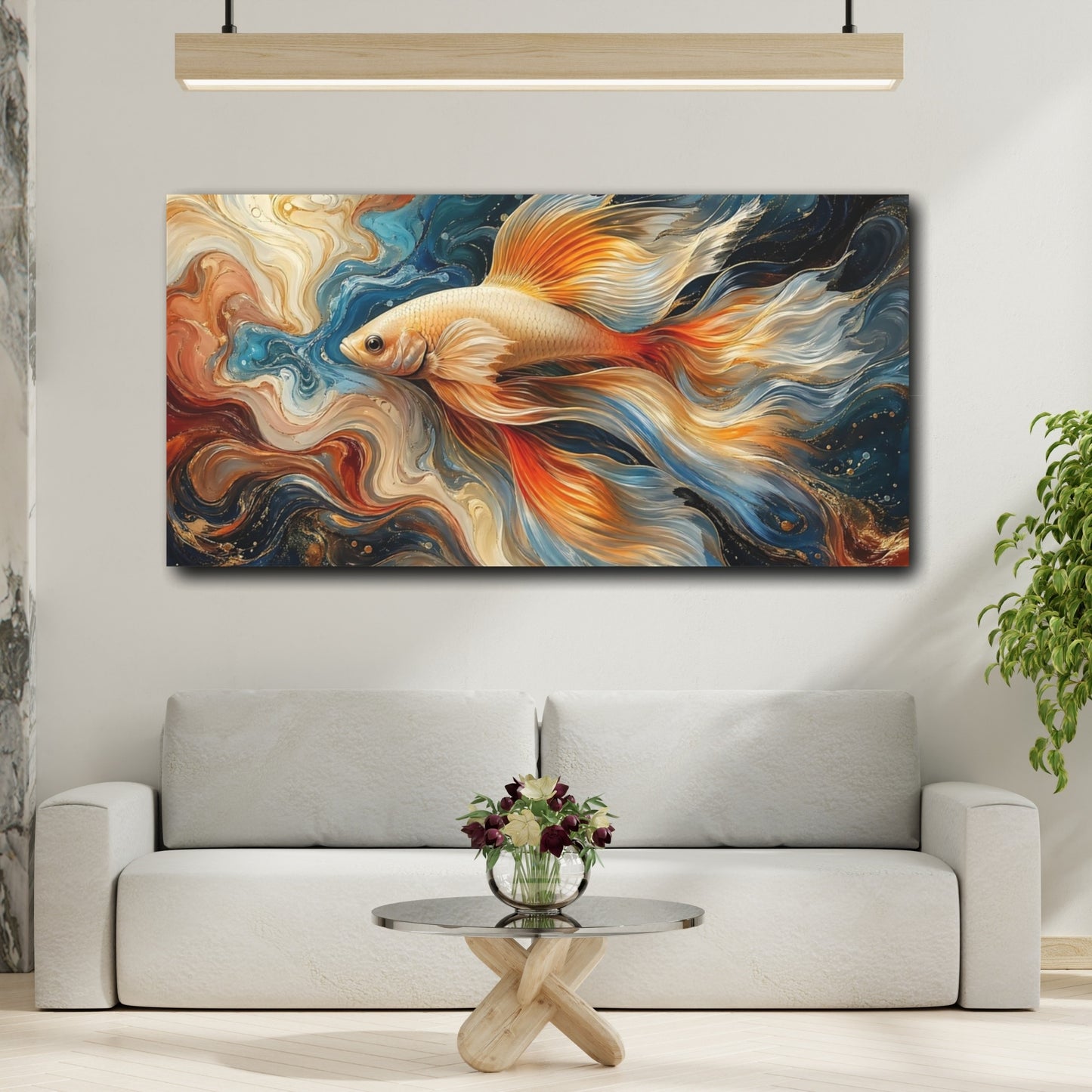 Mockup 3. Animals Fish Blue Gold Fish shown as stretched canvas wall art