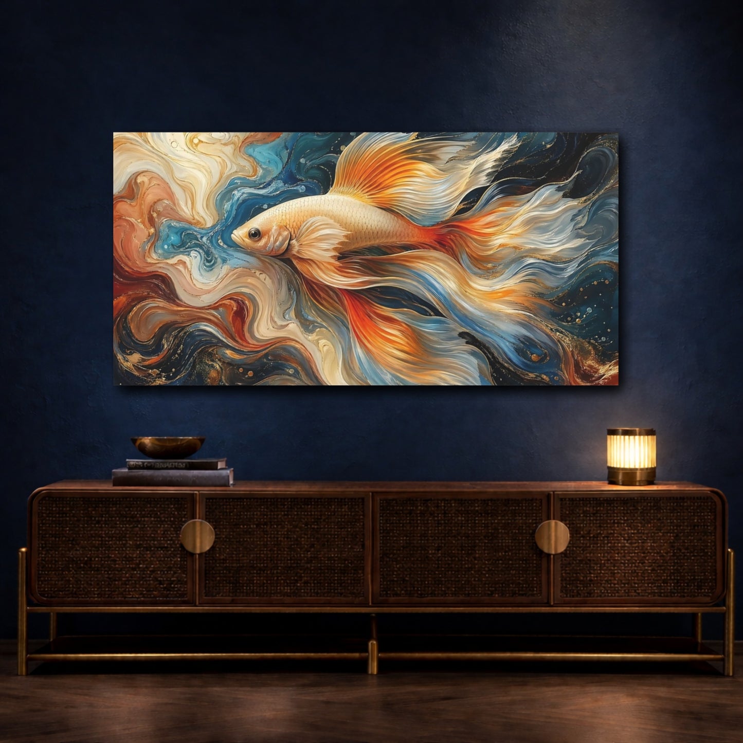 Mockup 4. Animals Fish Blue Gold Fish shown as stretched canvas wall art