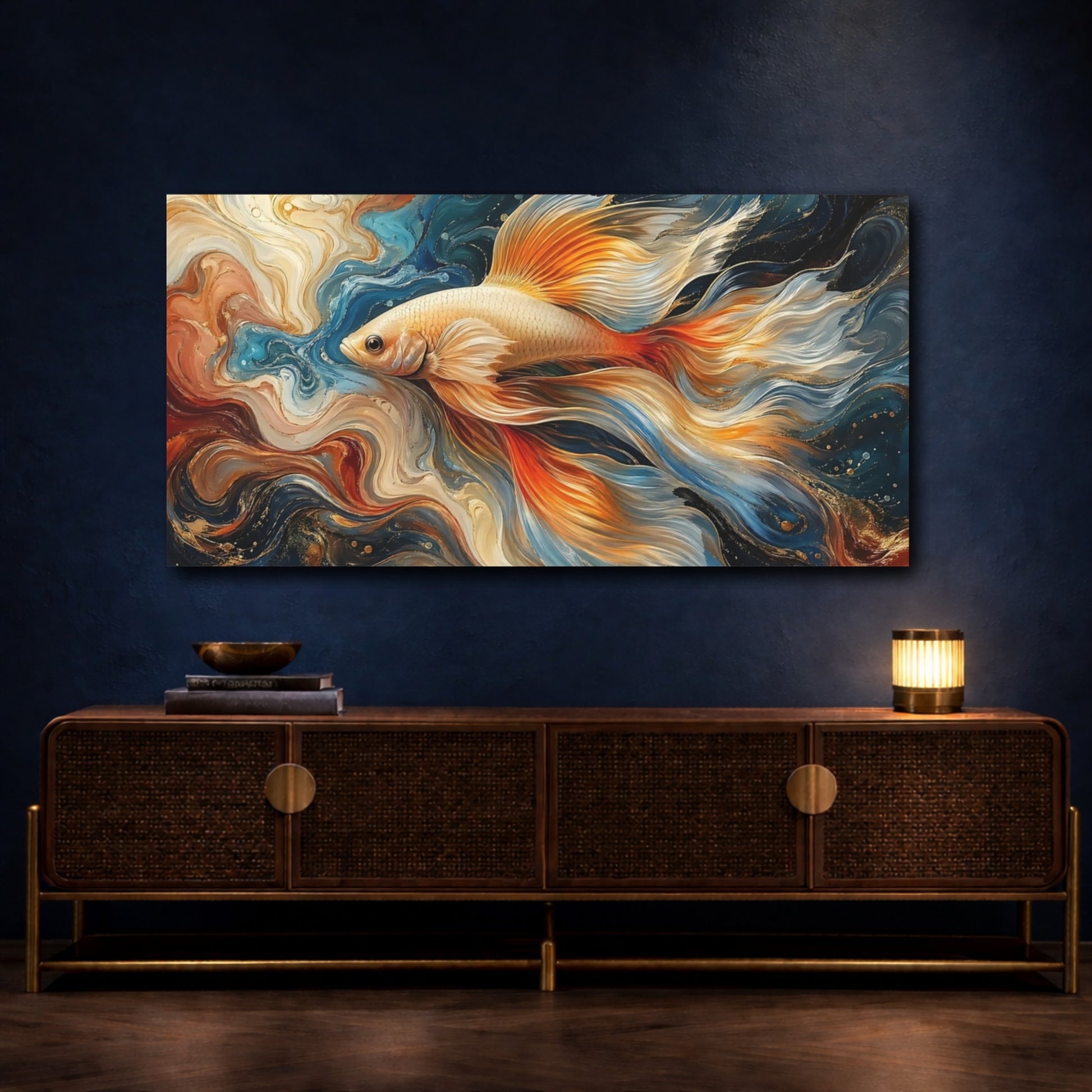 Mockup 4. Animals Fish Blue Gold Fish shown as stretched canvas wall art