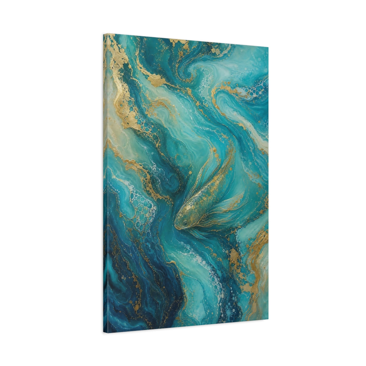 Main Mockup. Animals Fish Teal And Gold shown as stretched canvas wall art