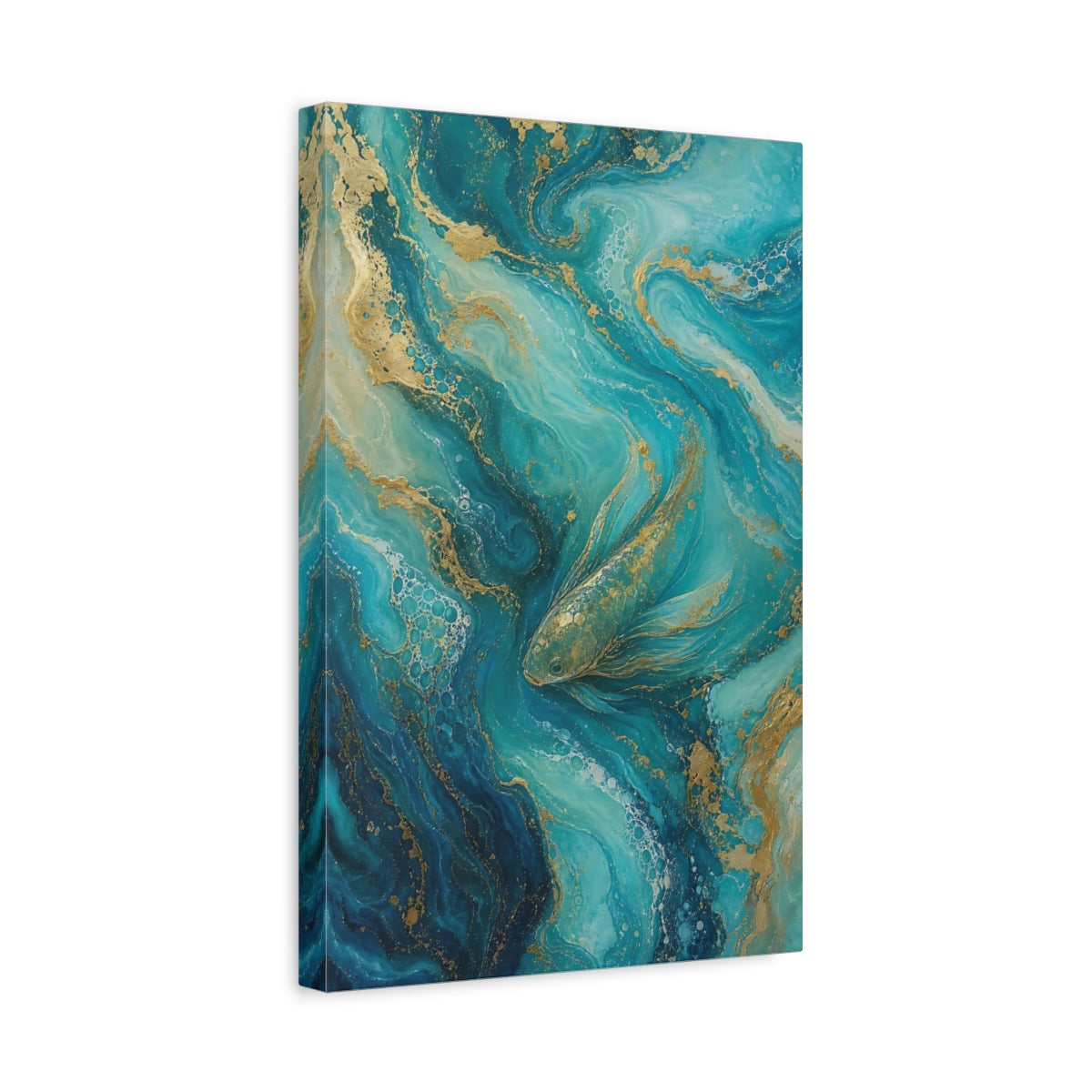 Side Mockup 4. Animals Fish Teal And Gold shown as stretched canvas wall art