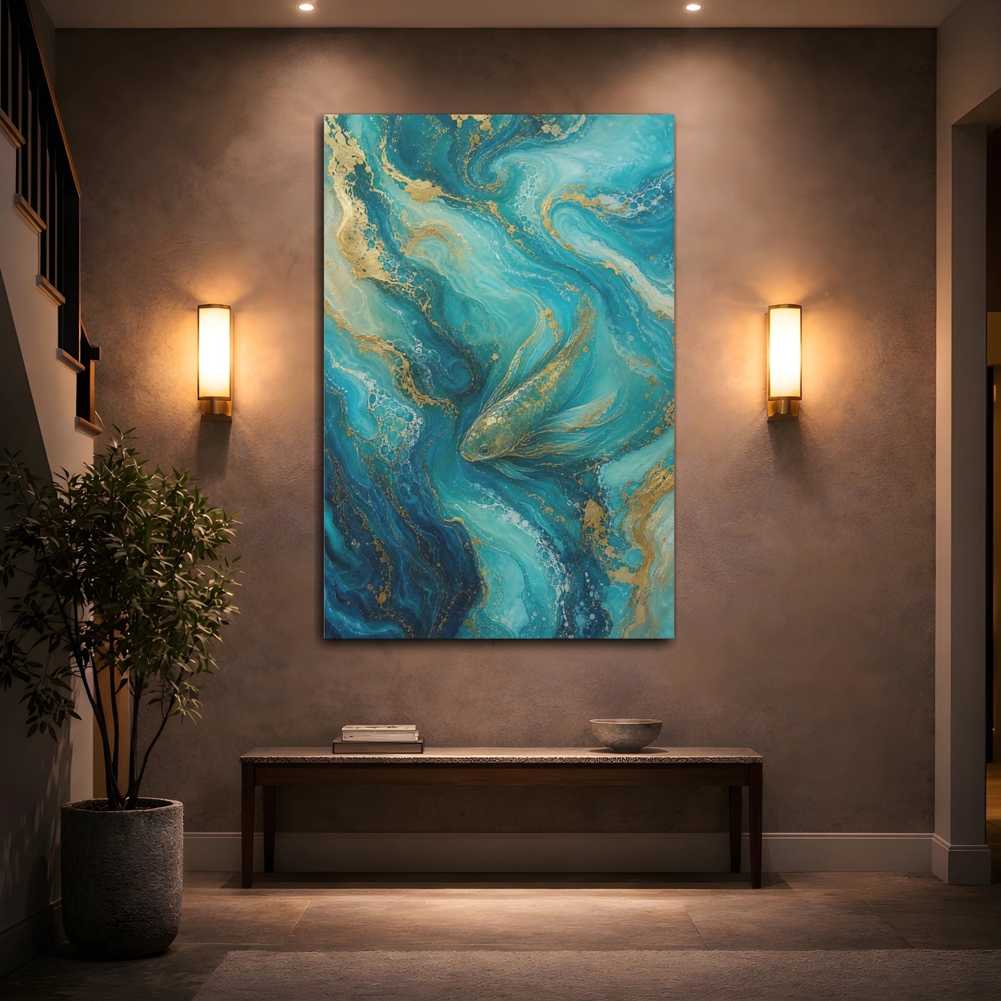 Mockup 2. Animals Fish Teal And Gold shown as stretched canvas wall art