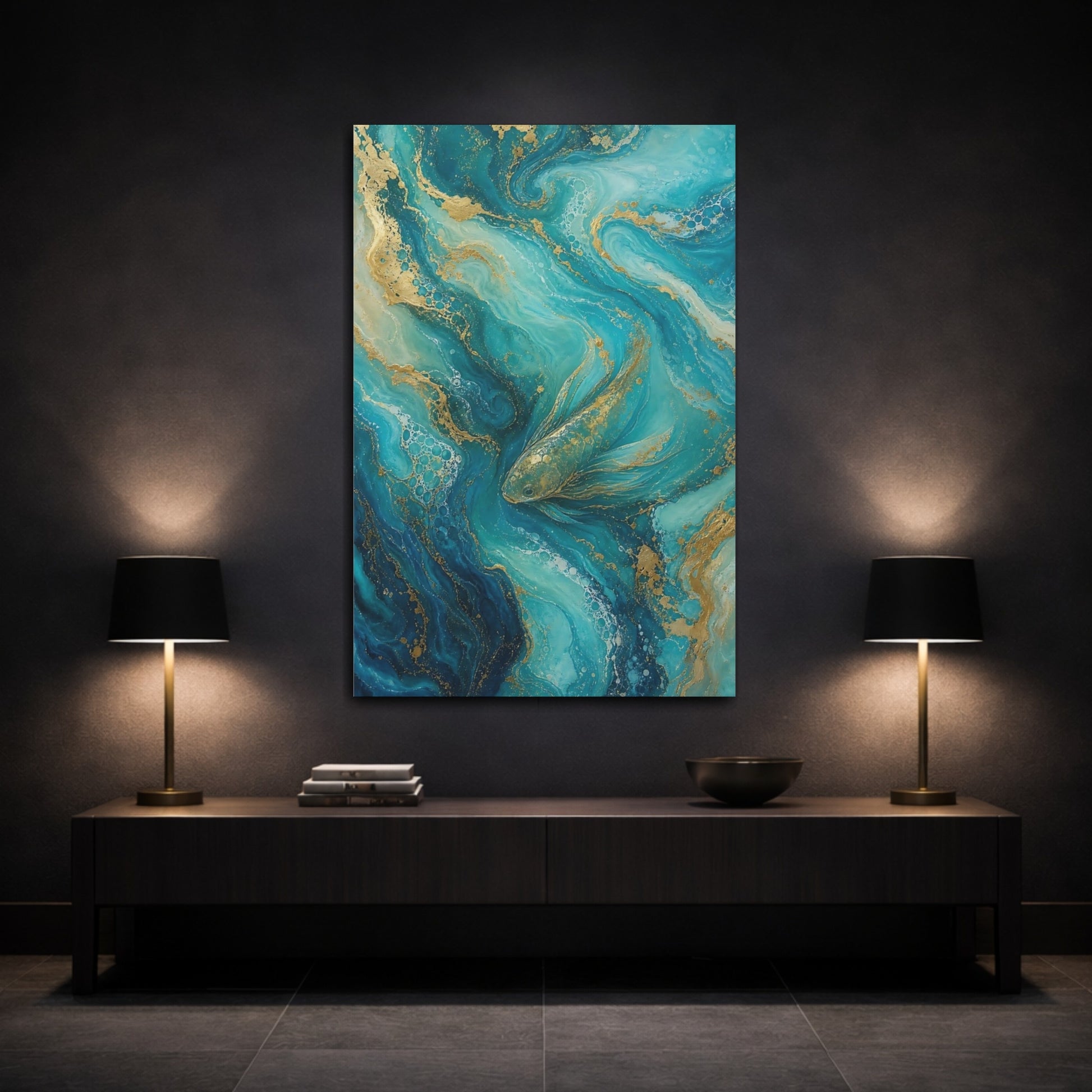 Mockup 3. Animals Fish Teal And Gold shown as stretched canvas wall art