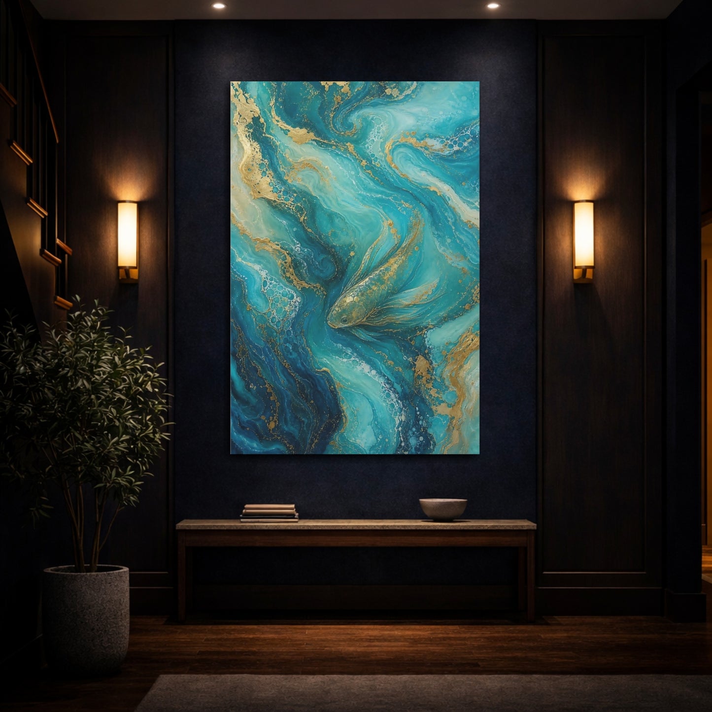 Mockup 4. Animals Fish Teal And Gold shown as stretched canvas wall art