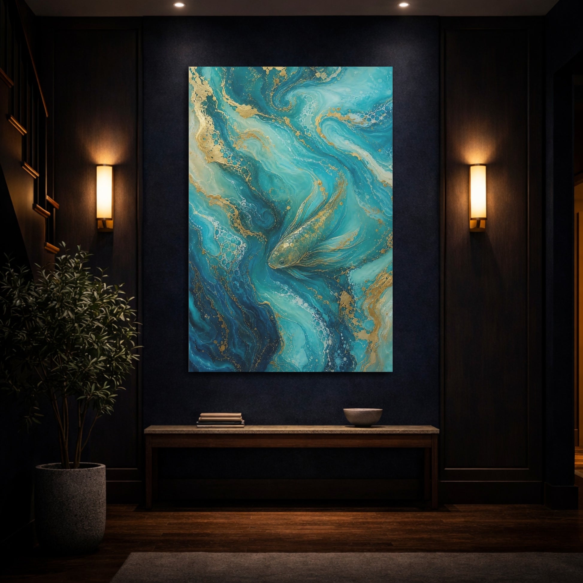 Mockup 4. Animals Fish Teal And Gold shown as stretched canvas wall art
