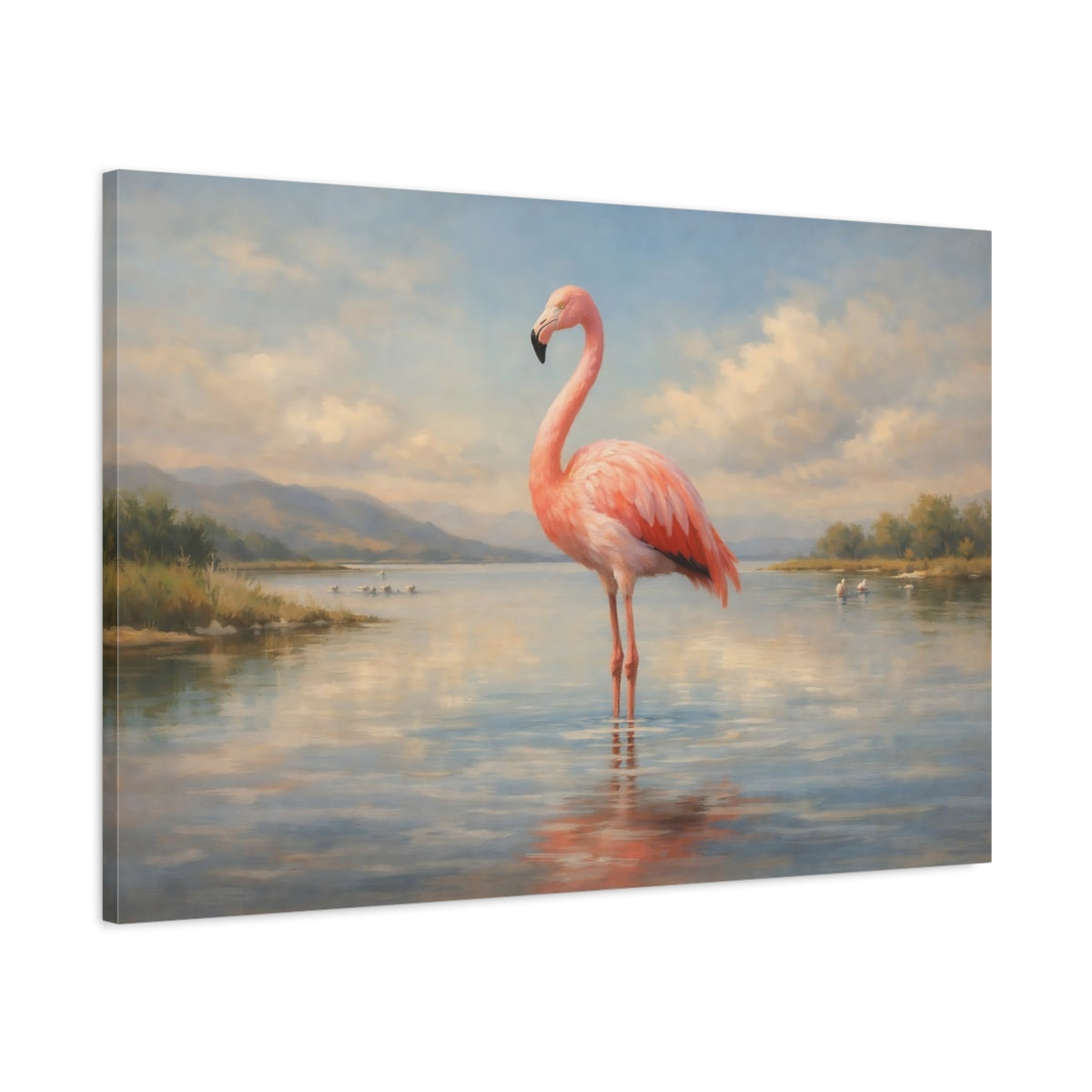 Side Mockup 1. Animals Flamingo Pink Flamingo shown as stretched canvas wall art