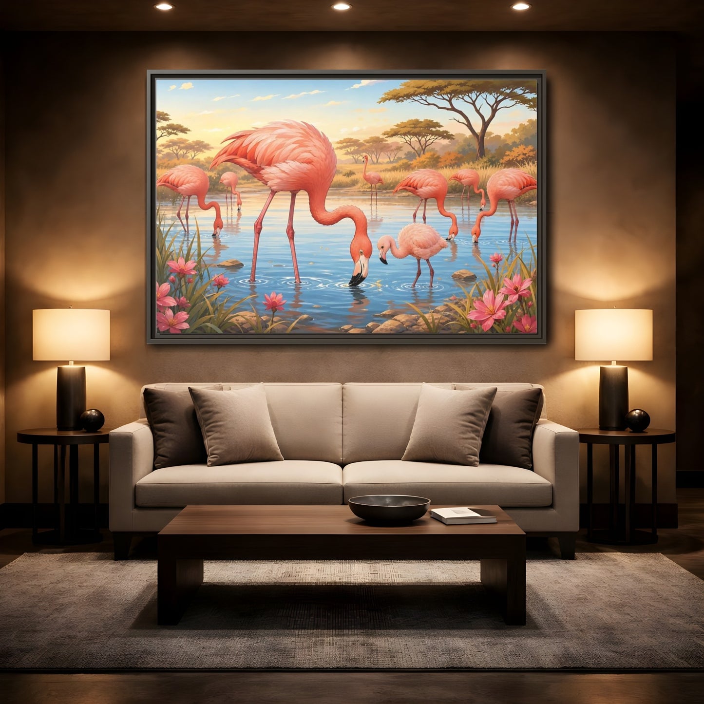 Mockup 2. Animals Flamingos Pink Flamingos shown as stretched canvas wall art