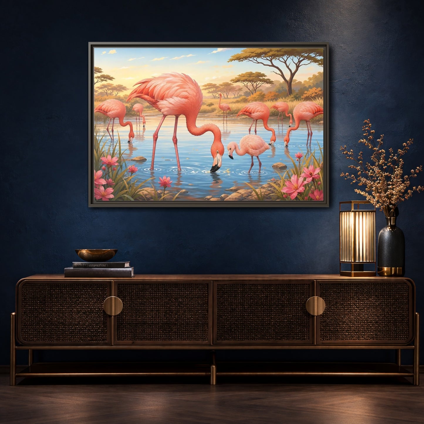 Mockup 4. Animals Flamingos Pink Flamingos shown as stretched canvas wall art