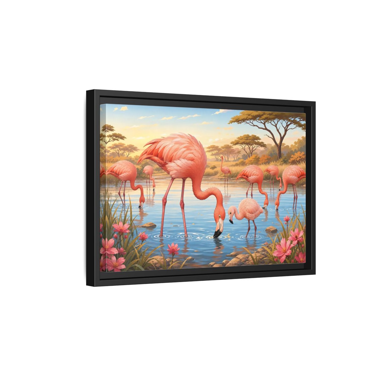 Side Mockup 6. Animals Flamingos Pink Flamingos shown as stretched canvas wall art