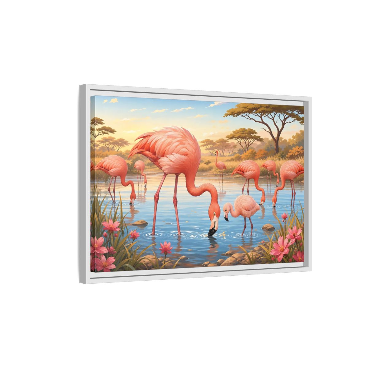 Side Mockup 1. Animals Flamingos Pink Flamingos shown as stretched canvas wall art