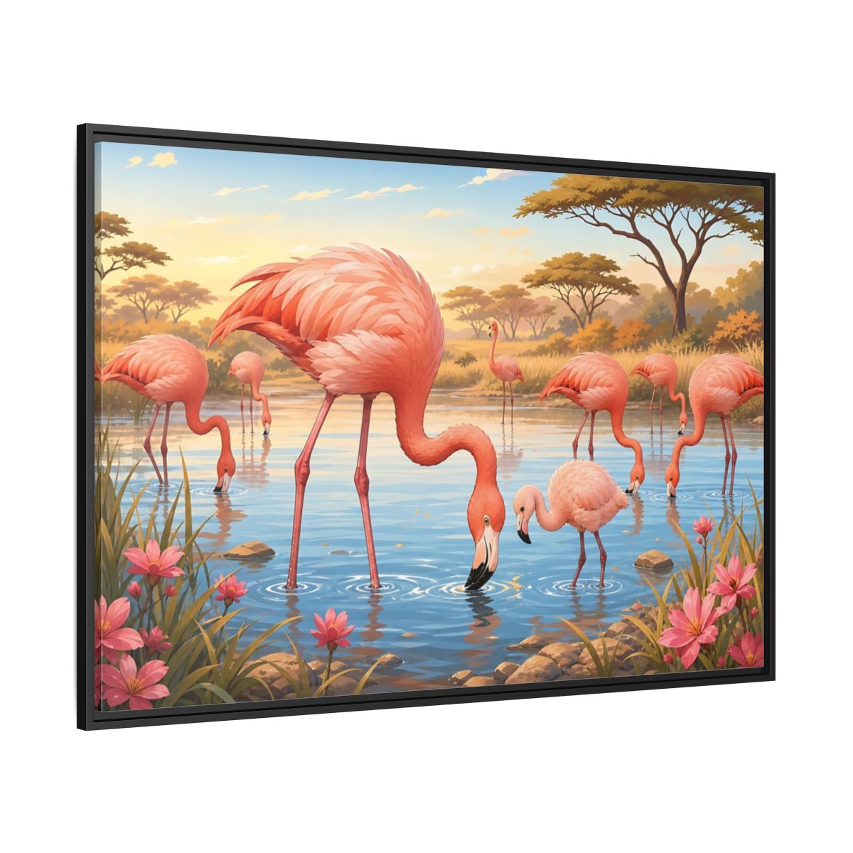 Side Mockup 12. Animals Flamingos Pink Flamingos shown as stretched canvas wall art