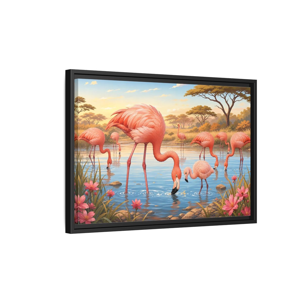 Side Mockup 3. Animals Flamingos Pink Flamingos shown as stretched canvas wall art