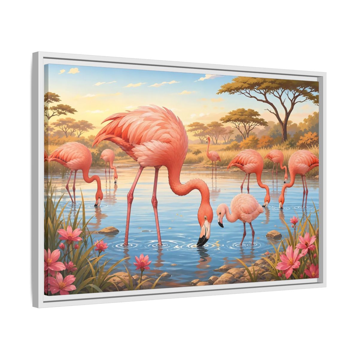 Side Mockup 10. Animals Flamingos Pink Flamingos shown as stretched canvas wall art