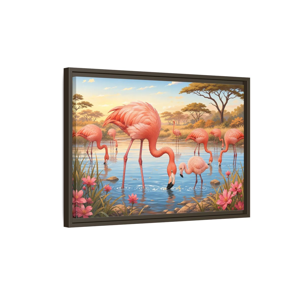 Side Mockup 2. Animals Flamingos Pink Flamingos shown as stretched canvas wall art