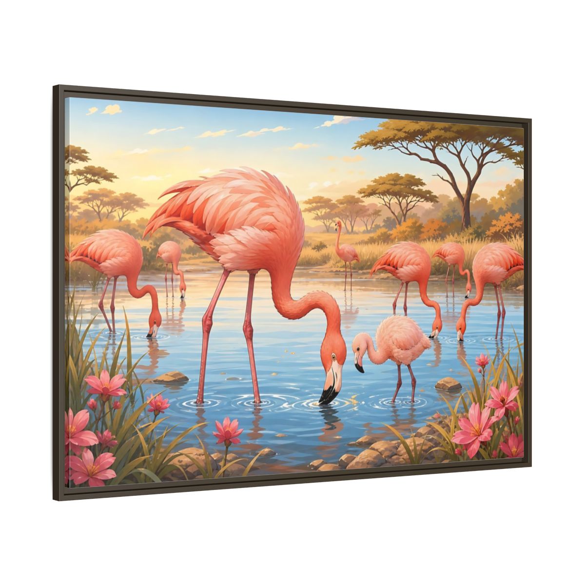 Side Mockup 8. Animals Flamingos Pink Flamingos shown as stretched canvas wall art