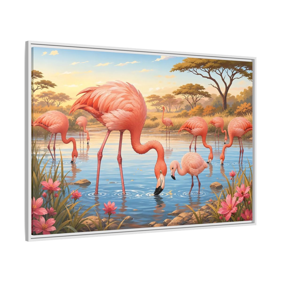 Side Mockup 7. Animals Flamingos Pink Flamingos shown as stretched canvas wall art
