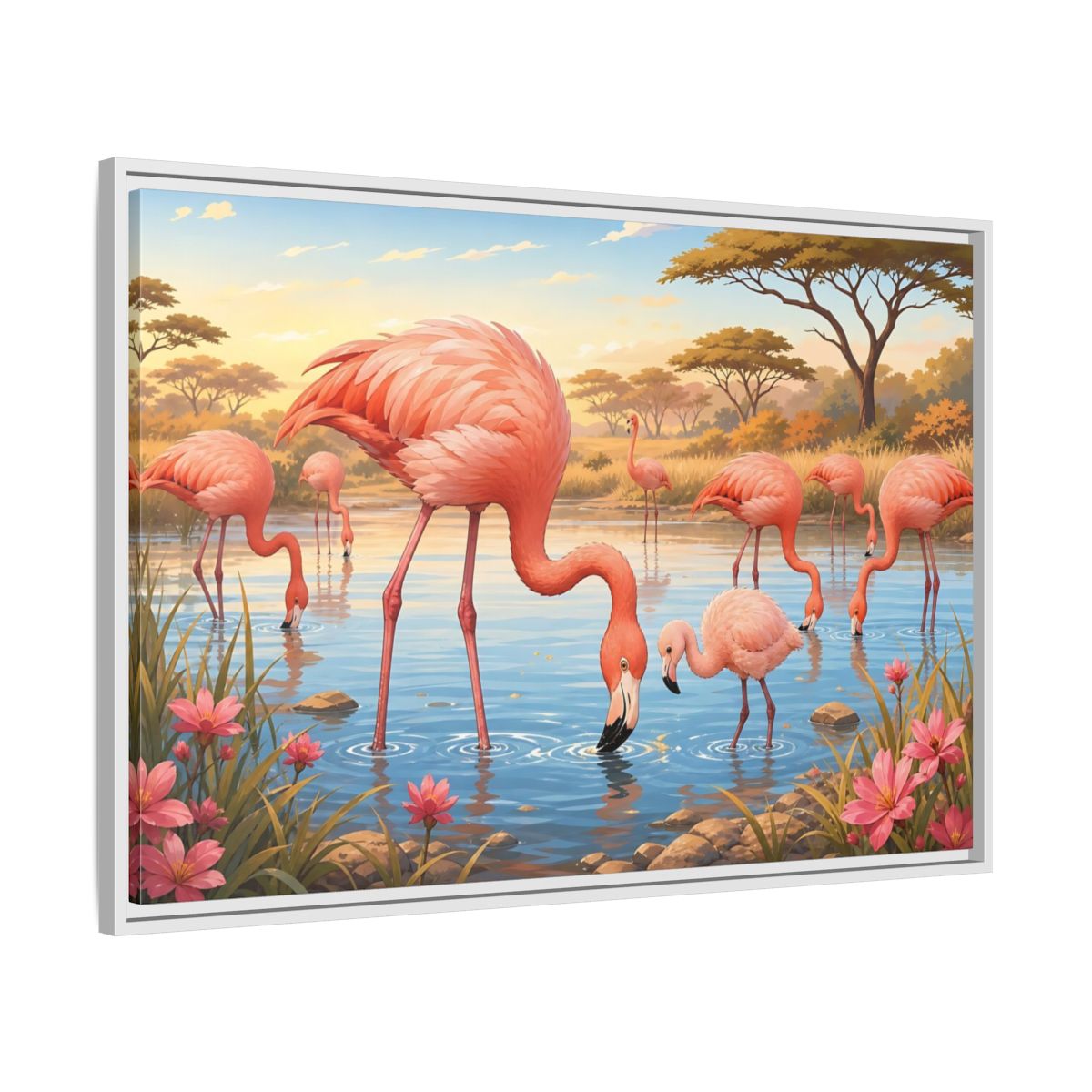 Side Mockup 9. Animals Flamingos Pink Flamingos shown as stretched canvas wall art