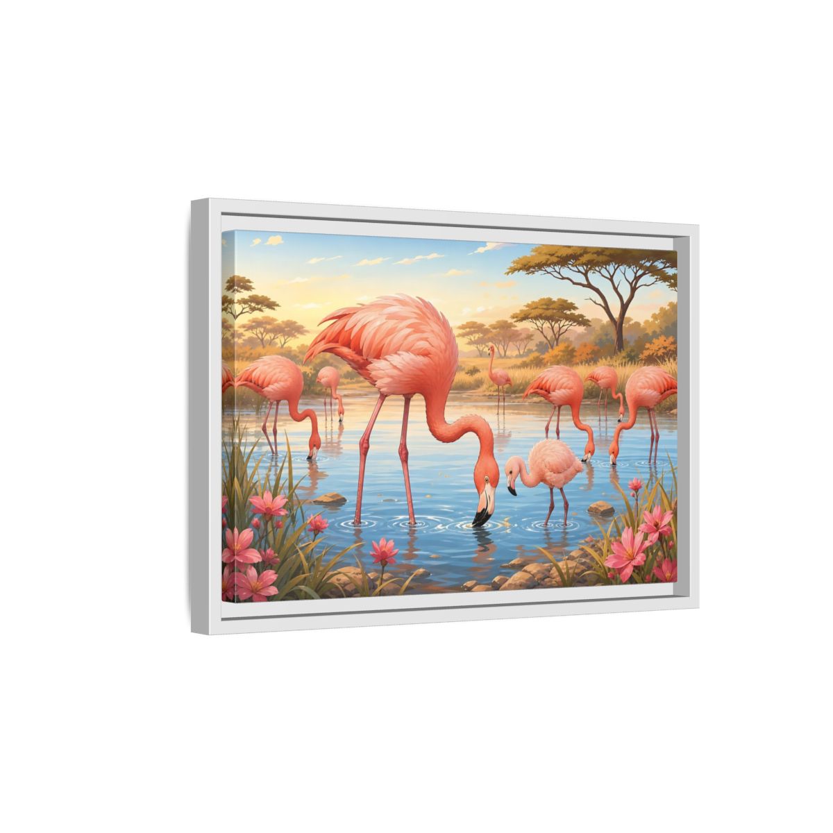Side Mockup 4. Animals Flamingos Pink Flamingos shown as stretched canvas wall art