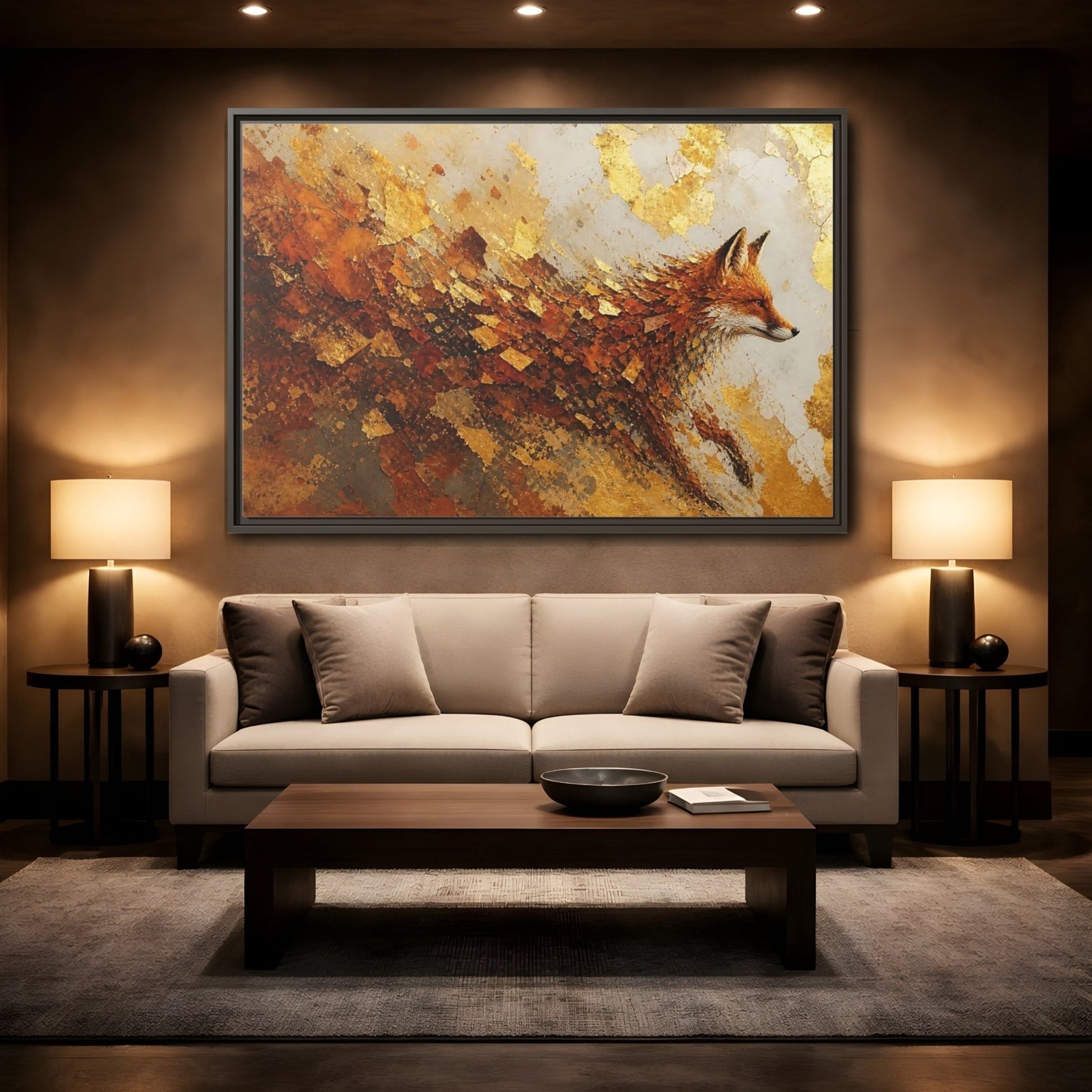 Animals Fox Gold And Orange Framed Canvas Print – abstract Decor for Living Room, Above Console Table - YesArtYes