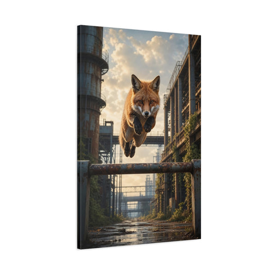 Main Mockup. Animals Fox Jumping Orange Fox Industrial shown as stretched canvas wall art