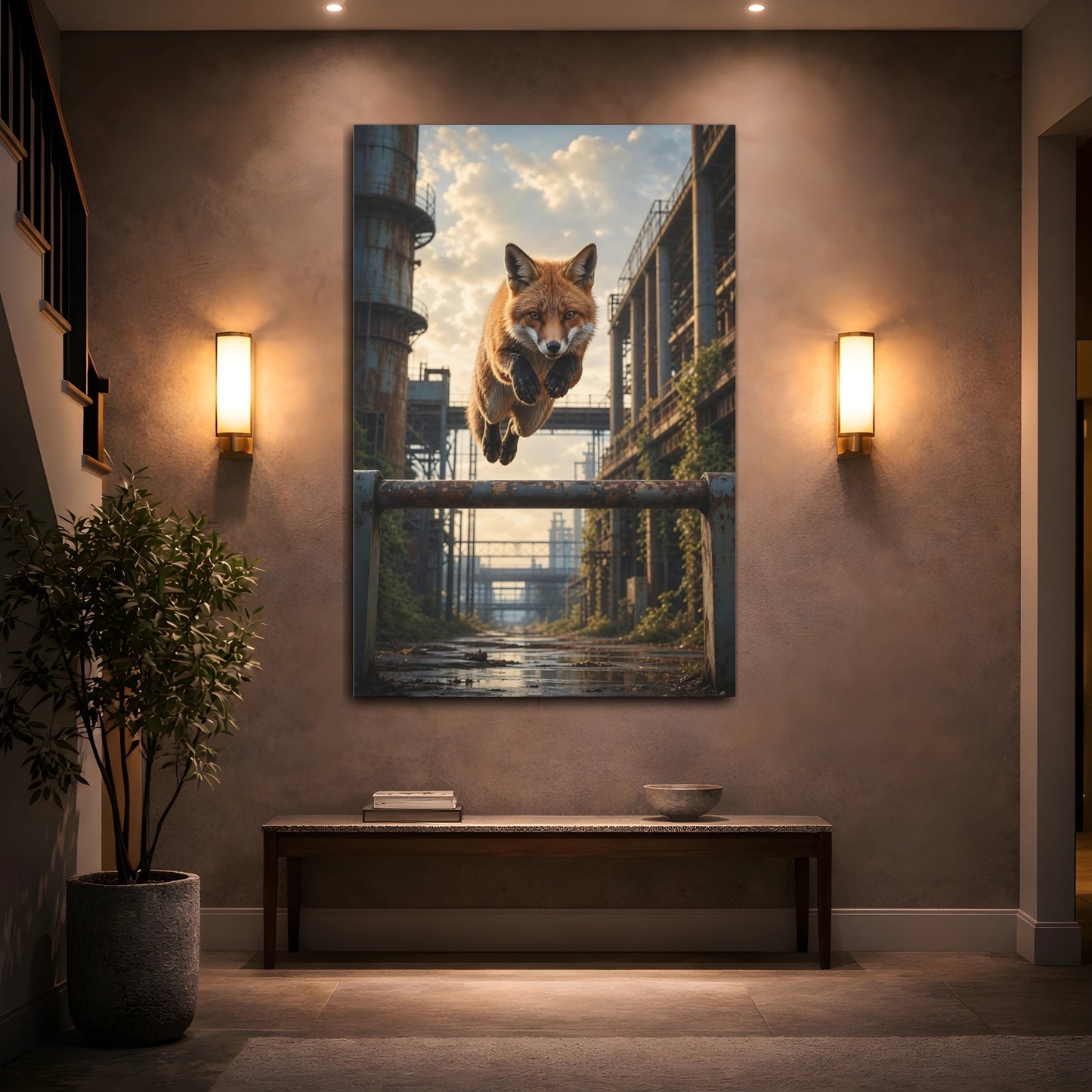 Mockup 2. Animals Fox Jumping Orange Fox Industrial shown as stretched canvas wall art
