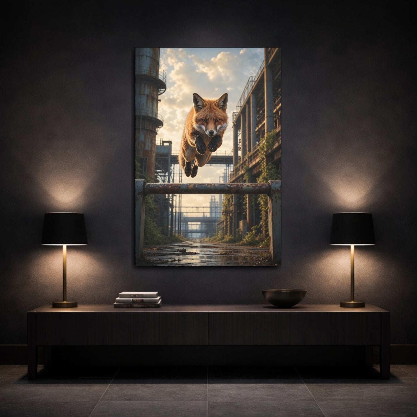 Mockup 3. Animals Fox Jumping Orange Fox Industrial shown as stretched canvas wall art