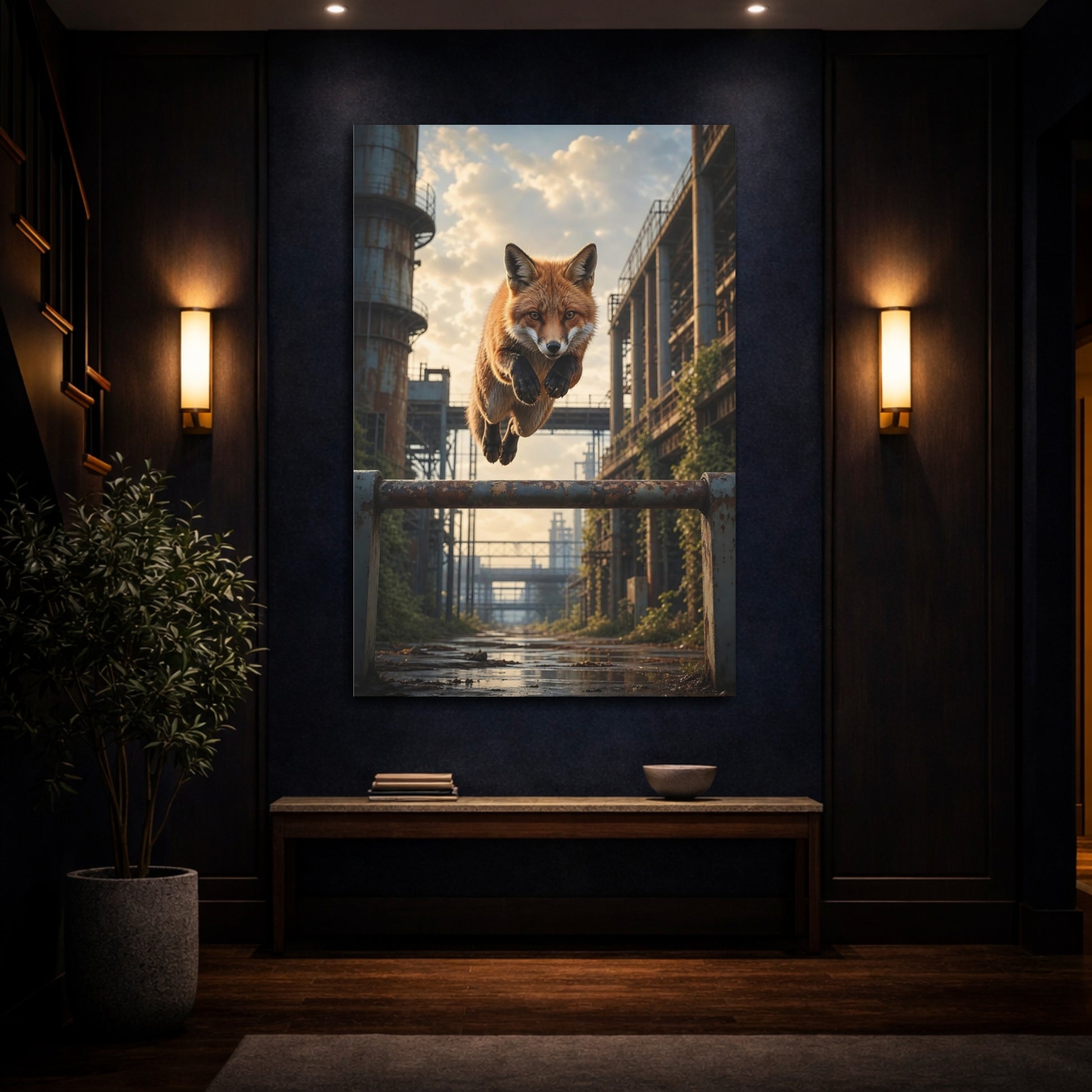 Mockup 4. Animals Fox Jumping Orange Fox Industrial shown as stretched canvas wall art