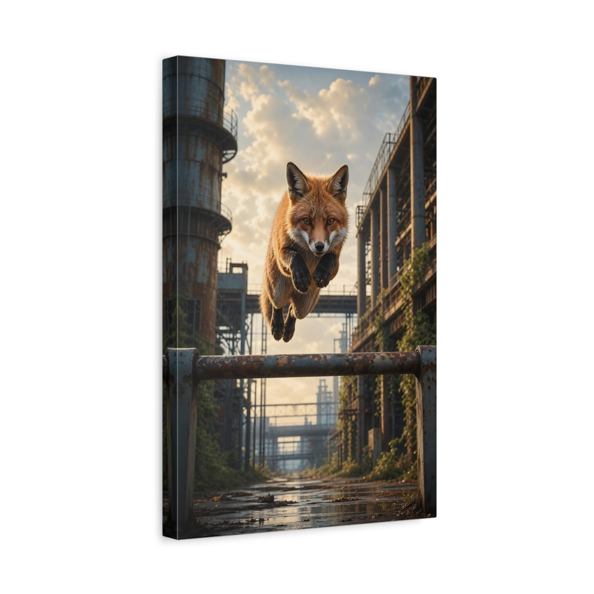 Side Mockup 4. Animals Fox Jumping Orange Fox Industrial shown as stretched canvas wall art