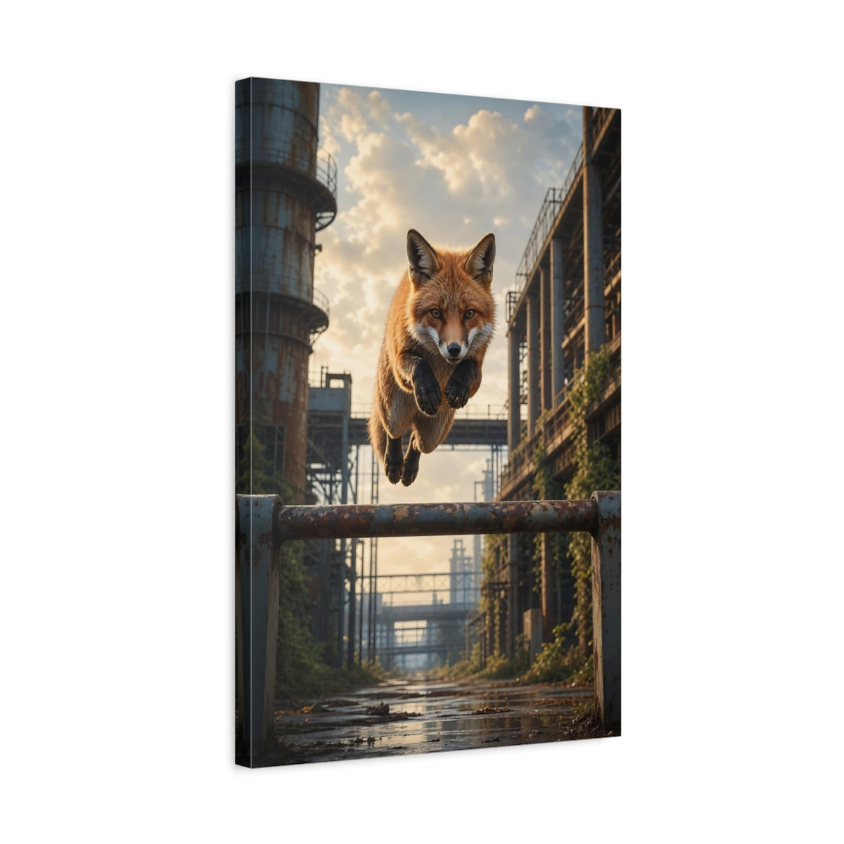 Side Mockup 3. Animals Fox Jumping Orange Fox Industrial shown as stretched canvas wall art